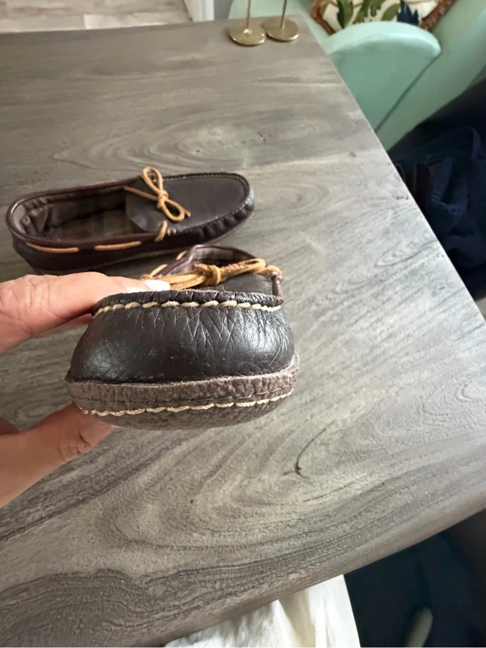 L.L. Bean Dark Brown Leather Moccasin Loafers with Tan Laces